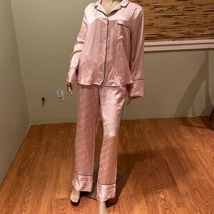 Victoria's Secret Two Piece Set  Pink Satin Pajamas Logo And Black Piping M/XL